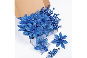 Choonshow 24Pcs Royal Blue Glitter Poinsettia Christmas Tree Ornaments and Glitter Berries Stems, 16Pcs Christmas Artificial Flowers and 8 Pack Christmas Tree Picks for Wedding Holiday Decorations