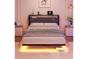 VERFARM Floating Bed Frame Full Size with Storage Headboard,Modern Metal Upholstered Platform Bed with LED Lights and Chargin