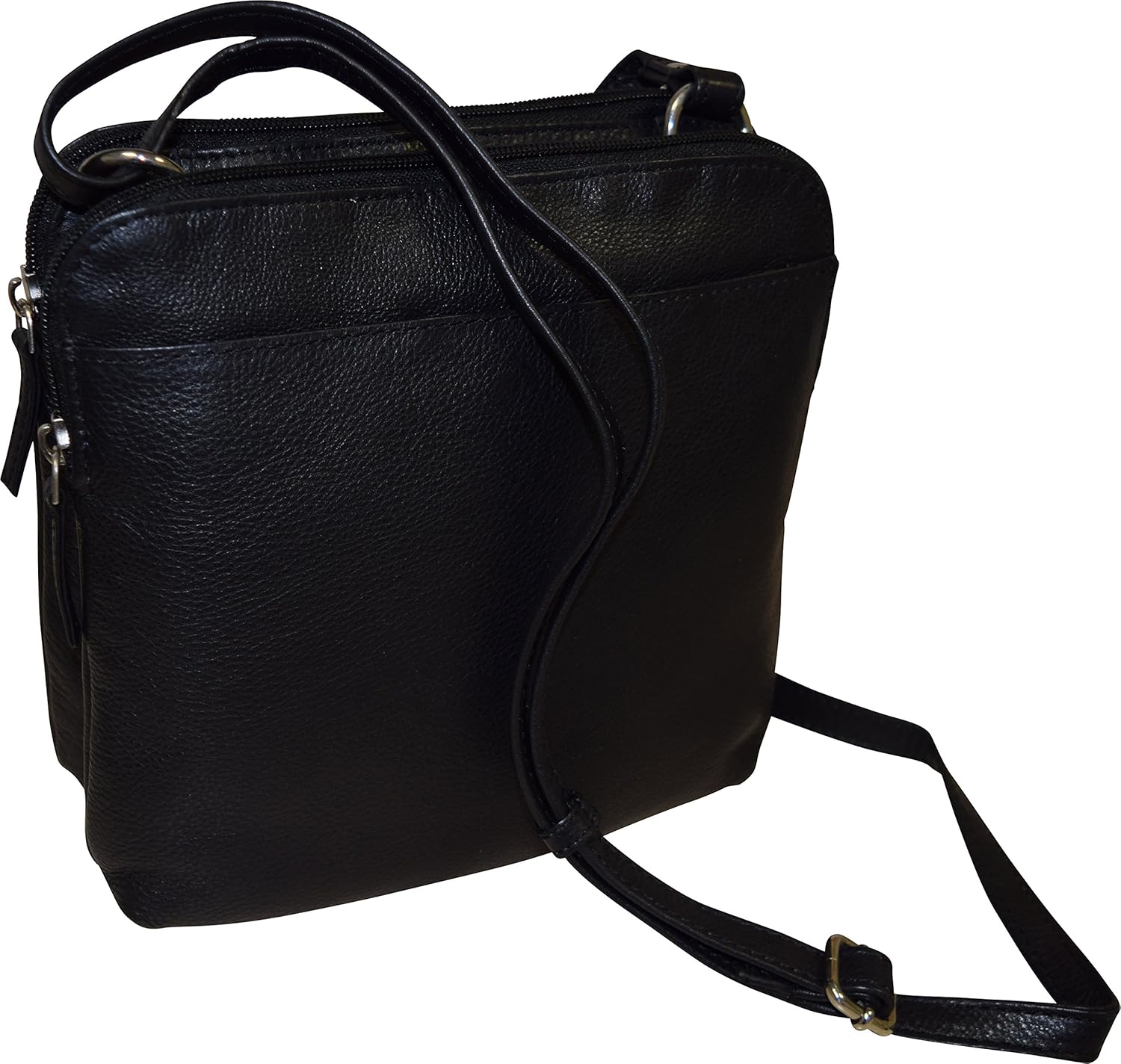 Pielino Women's Genuine Leather Double Zipper Crossbody Bag (Black