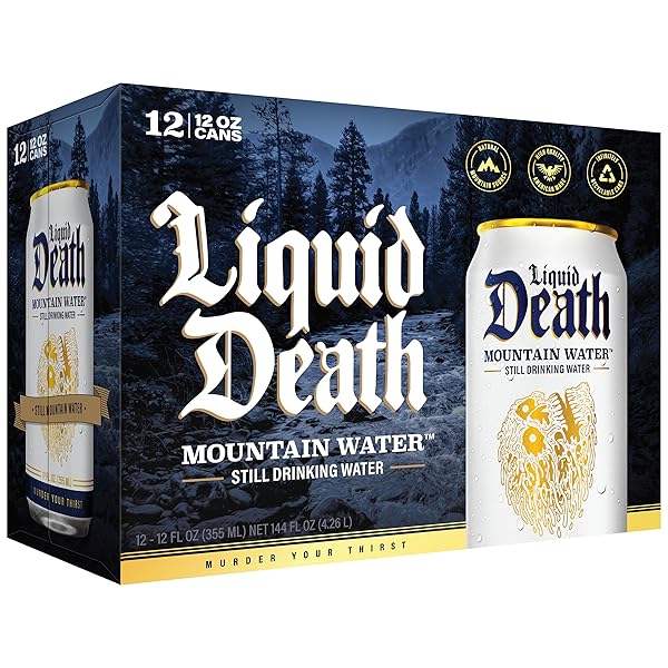LIQUID DEATH, STILL MOUNTAIN WATER, 12-PACK (12OZ CANS), REAL MOUNTAIN SOURCE, INFINITELY RECYCLABLE ICE-COLD CANS, AMERICAN MADE