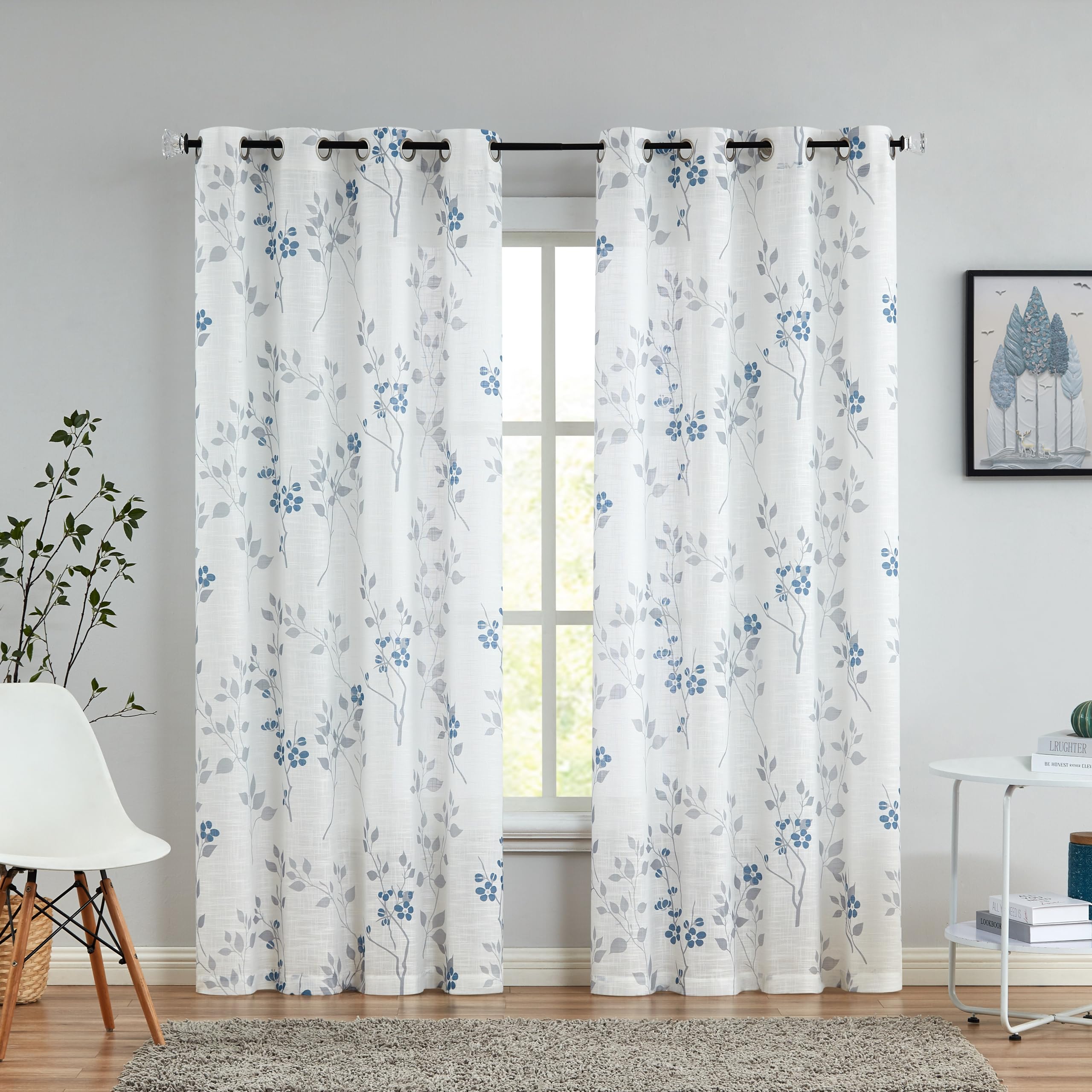 Beauoop Blue Grey Semi Sheer Floral Curtains for Living Room 90 Drop Linen Textured Farmhouse Curtains for Bedroom Leaf Printed Eyelet Rustic Drapes Window Treatment Set 2 Panels