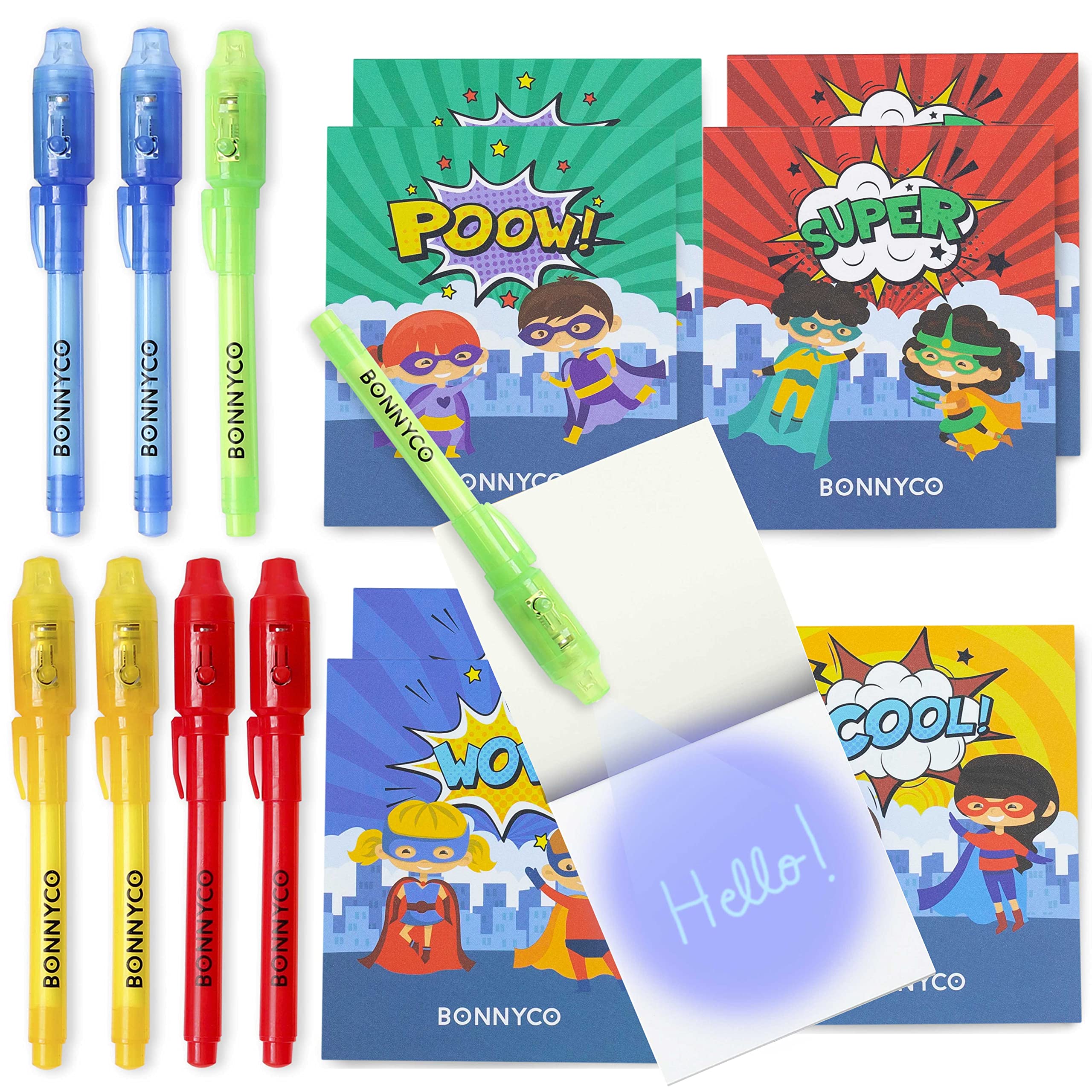 BONNYCO Invisible Ink Pen and Notebook, Pack 8 Superhero Party Bags Fillers and Pinata Toys, Birthday Decorations. Stocking Fillers for Kids Birthday, School Prizes, Superheroes Gifts for Children