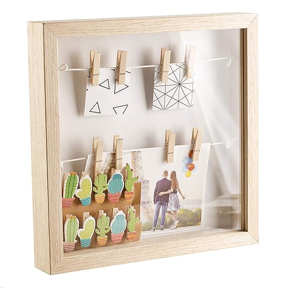 Gadgy ® 3D Bilderrahmen | MDF Rahmen mit 18 Wäscheklammern | 25x25x4 cm Box Design | Objektrahmen zum Befüllen