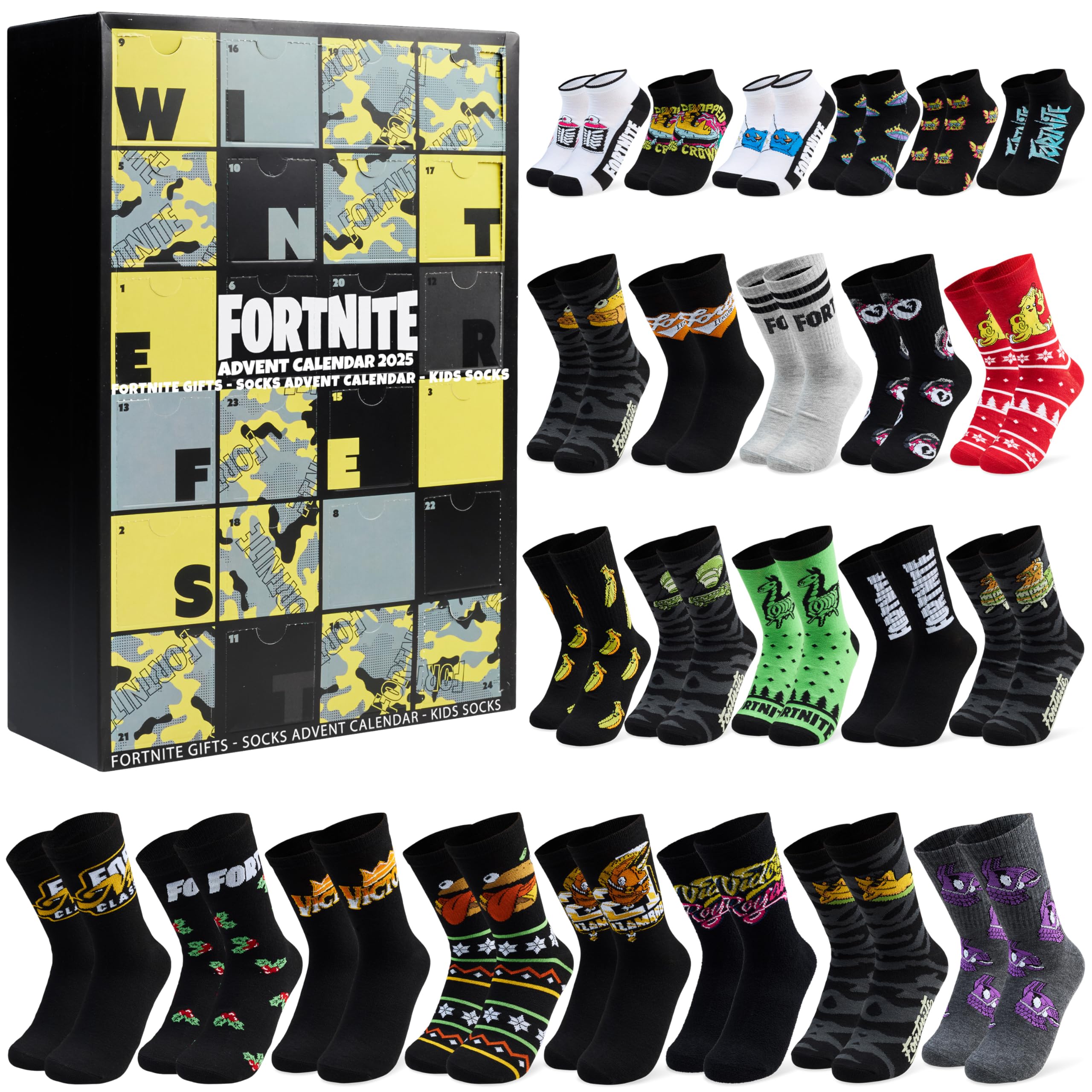 Get Trend Fortnite Socks Advent Calendar 2025 Boys Teens & Men UK 5.5-8.5, 24 Pairs of Casual & Sports Socks, Christmas Countdown, Gamer Gifts for Him (Black/Yellow Fortnite)