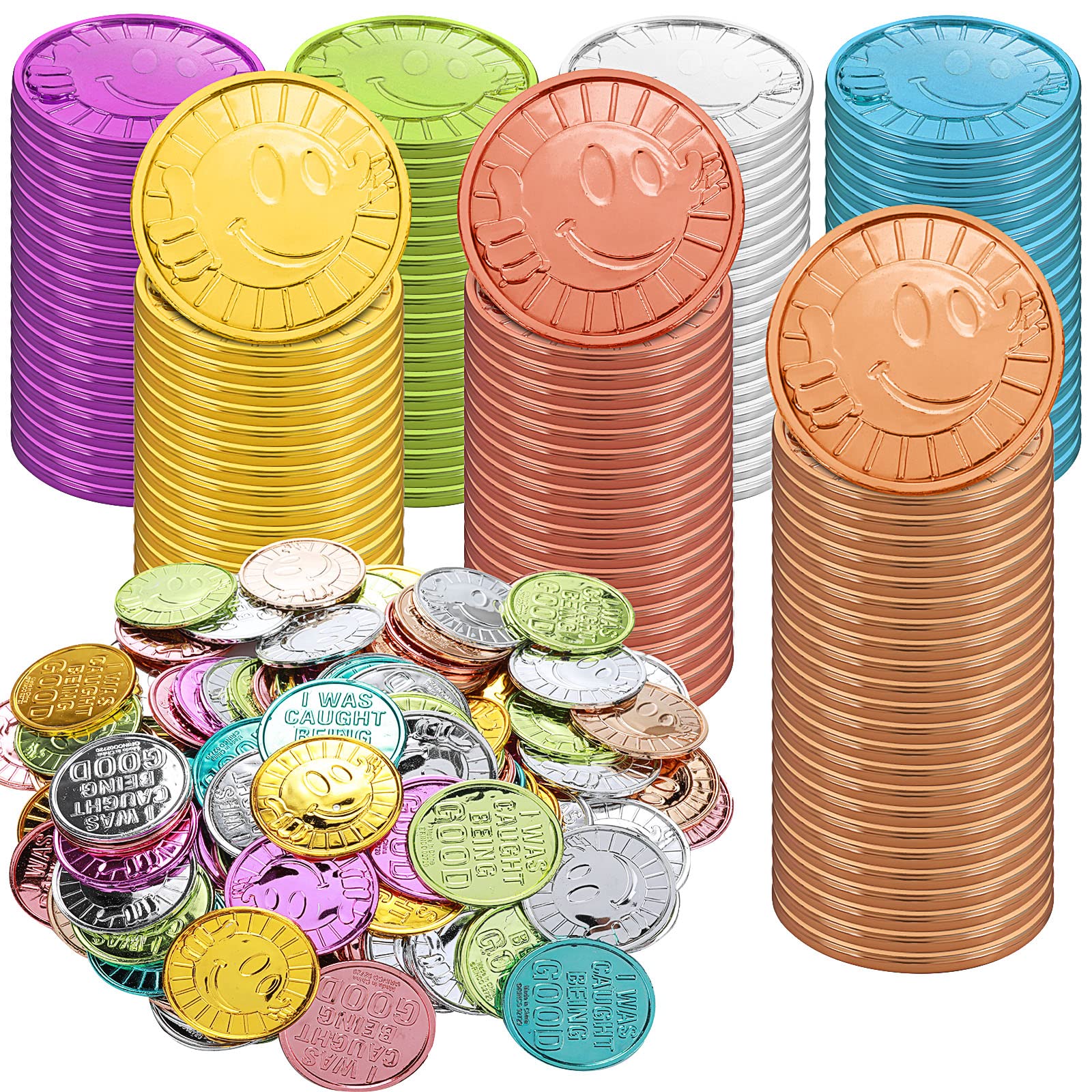 Prasacco 100 Pieces Pirate Coins Was Caught Being Good Coins Fake Plastic Coins for Kids, Colorful Smile Face Reward Coins Classroom Behavior Coin Reward Teacher Prize Supplies for Kids Behavior