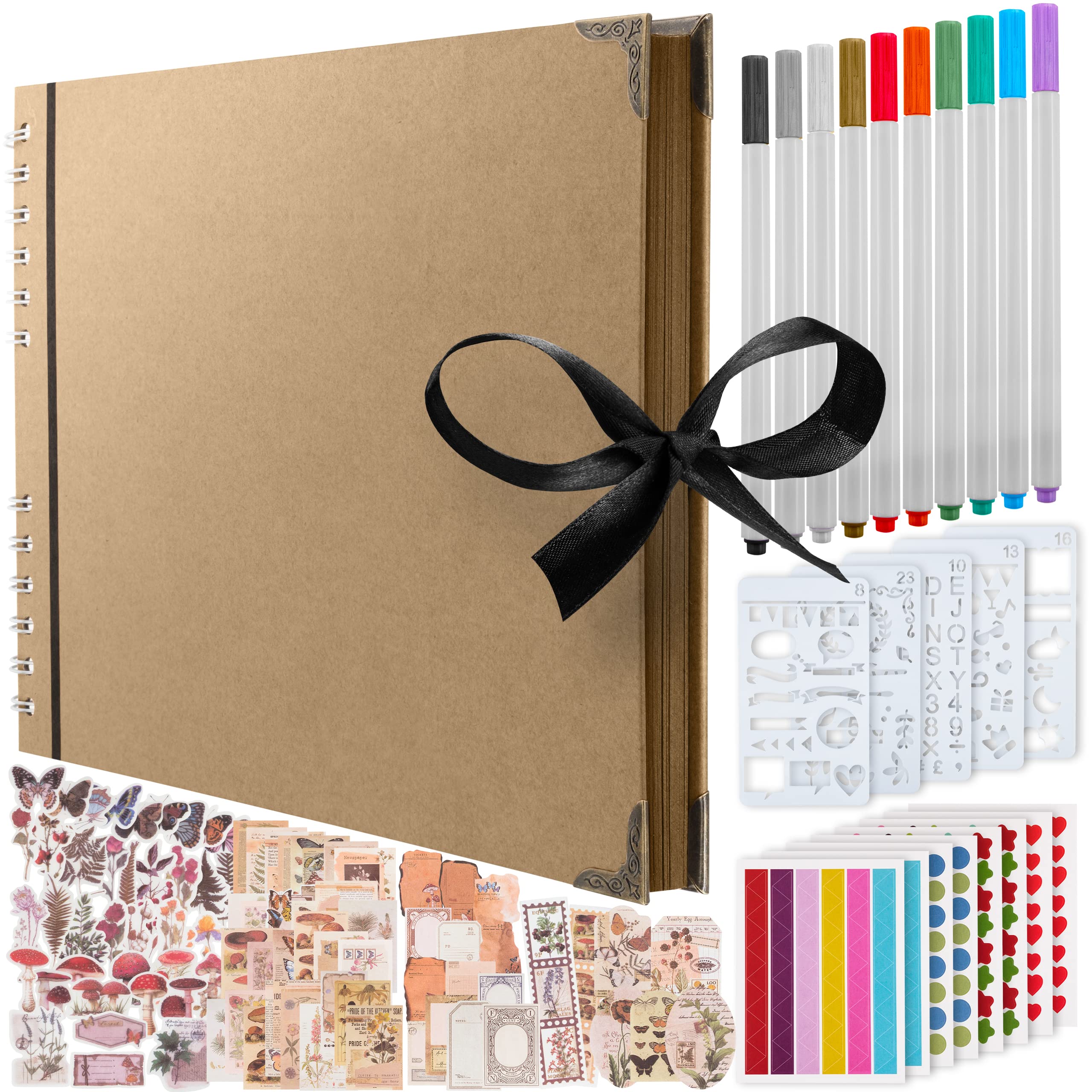 Bstorify Large Scrap book Photo Album (198 PCS) - 80 Pages 28 x 20 CM With 174 PCS Scrapbook Accessories Paper, 10 Metallic Marker Pens, 6 Sheet Stickers, 120 Corners 5 Stencils, Brown (SB-AK-022)