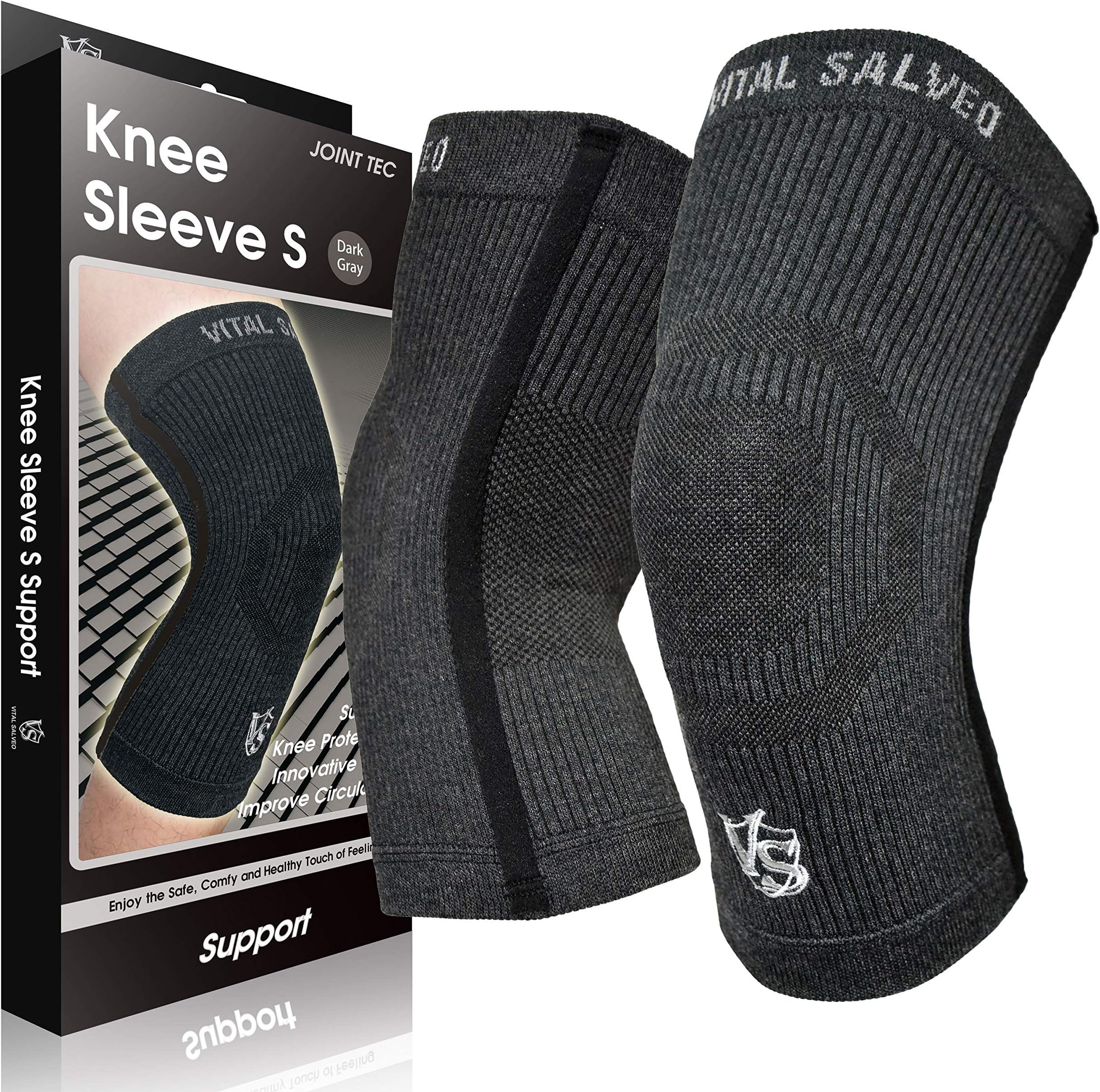 Vital Salveo Knee Compression Protective Recovery Knee Sleeve Brace S-Support Pain Relief for Men and Women Running Gym Workout Sports(1 Pair) Dark Grey-L