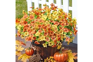 FLORISSO Artificial Silk Fall Mums Plants Flowers for Outdoor Outside Decoration, 12 Bundles Fake Faux Orange Yellow Daisy UV Resistant Realistic for Autumn Porch Patio Home Yard Planter