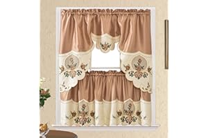 GOHD GOLDEN OCEAN HOME DECOR GOHD Rose Melody. 3pcs Kitchen Cafe Curtain Set. Swag and 24 inches Tiers Set for Small Windows. Nice Matching Color Rose Embroidery on Border and Inserted Organza. (Bronze)