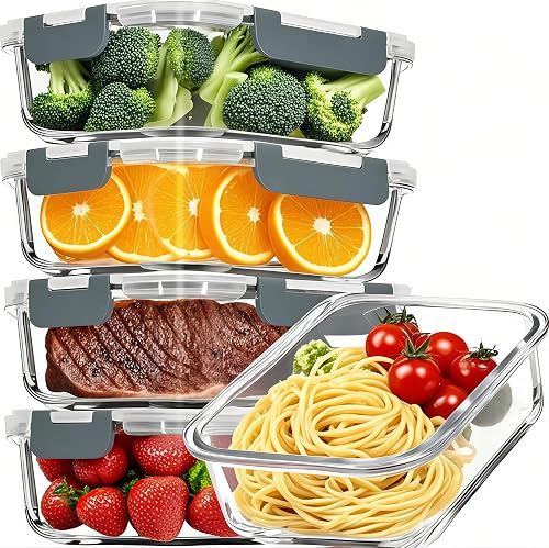 Pure Future 10-Piece Set (5-Pack, 36oz) Borosilicate Glass Food Storage Containers with Upgraded Detachable Locking Lids - Leak Proof Meal Prep Lunch Boxes, Oven/Microwave Safe