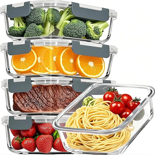 KUMD 1040ml Glass Containers with Lids - 5 Containers & 5 Airtight Snap-Locking Lids Food Storage Set, BPA Free, Leak-Proof for Meal Prep, Microwave, Oven, Freezer & Dishwasher Safe