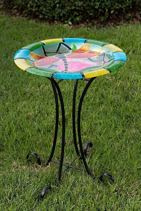 Amazon Com Alpine Glow In The Dark Glass Dragonfly Birdbath 18