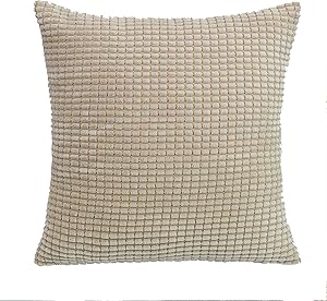 SUNOOMY Square Throw Toss Pillow Cushion Covers Cases for Couch Sofa Bed Chair, Comfortable Supersoft Corduroy Corn Striped (Cream Cheese, 20''X20'')