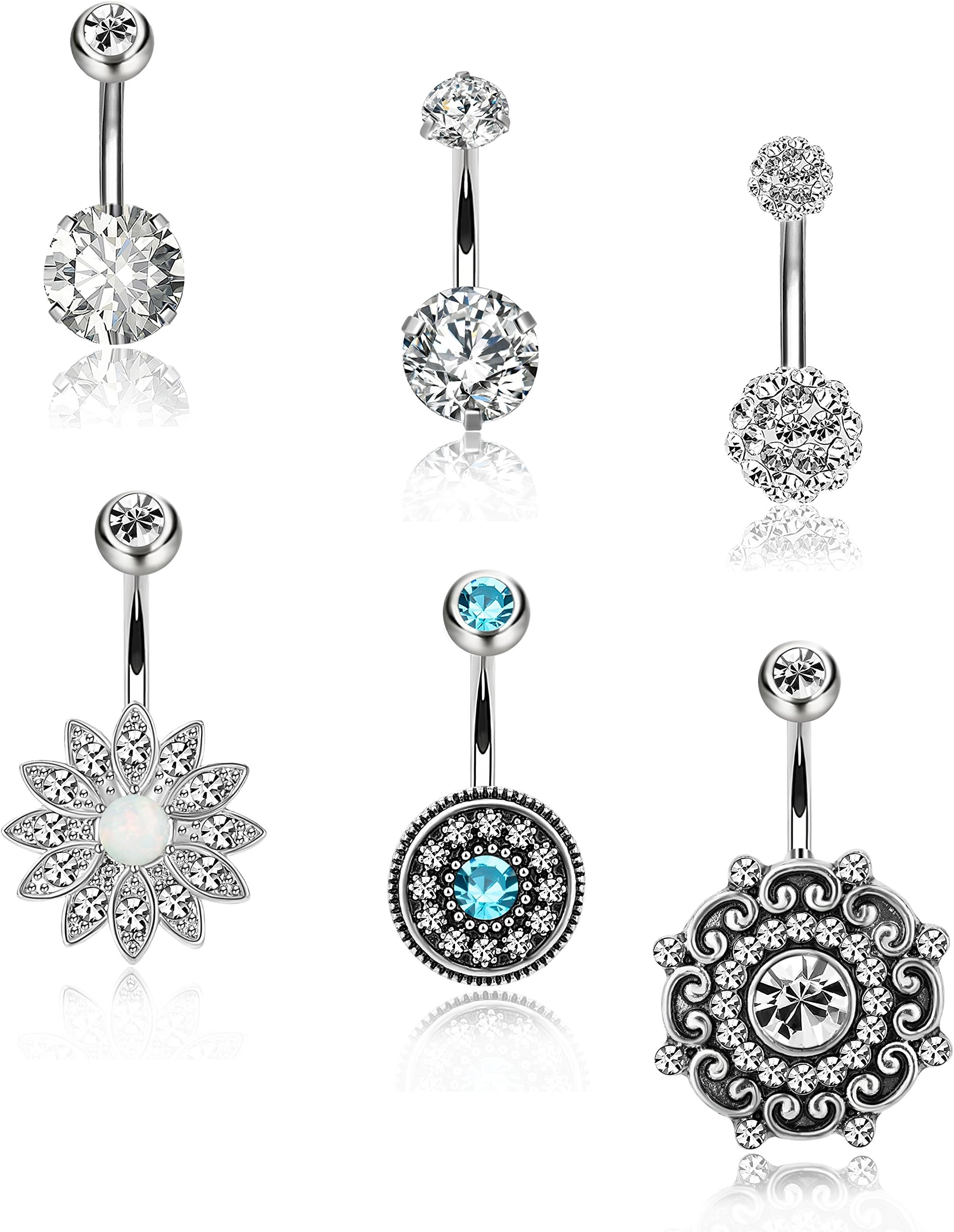 YOVORO 6PCS 14G 316L Stainless Steel Belly Button Rings for Women Girls Navel Rings Barbell Body Piercing