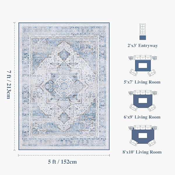 5X7 WASHABLE VINTAGE AREA RUG – DISTRESSED LIVING ROOM RUG NON-SLIP SOFT INDOOR CARPET STAIN RESISTANT FLOOR RUG FOR BEDROOM PLAYROOM DINING ROOM OFFICE, BLUE