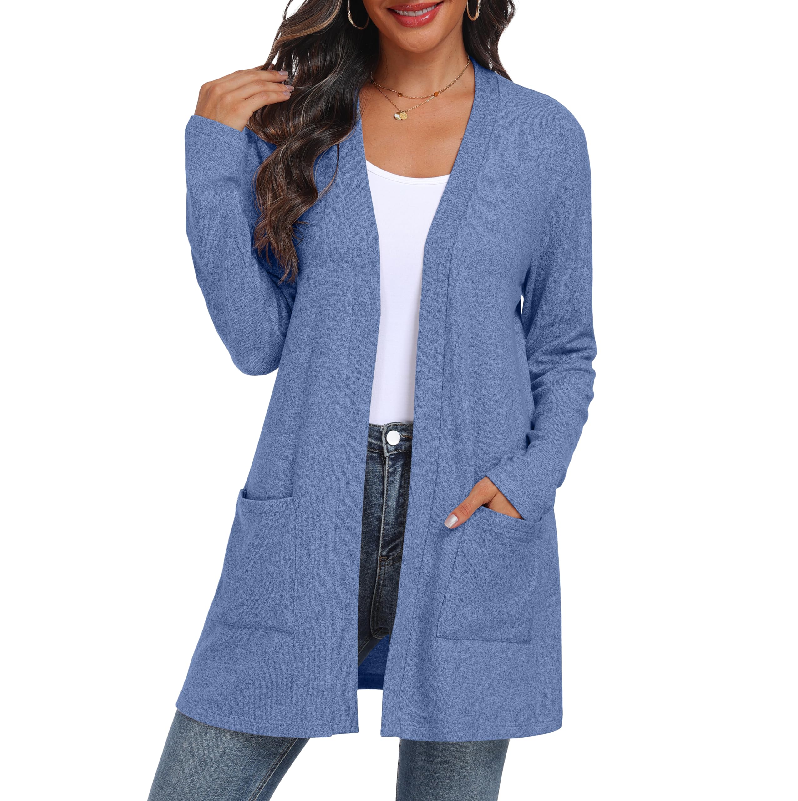 Photo 1 of QIXING Sweater Cardigans for Women Open Front Lightweight Cardigan Long Sleeve Cardigans with Pockets Denim Blue