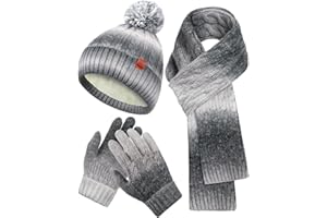 SHINYMATCH ShinyMarch Kids Winter Hat Scarf Gloves Set Thick Thermal Lined Beanie with Pom Warm Neck Gaiter Knit Mittens for Boys Girls