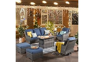 XIZZI Outdoor Swivel Rocking Chairs Patio Furniture Set with 50,000 BTU Rectangular Propane Fire Pit Table 7 Pieces High Back Conversation Sofa and Matching Side Table,Grey Rattan Denim Blue