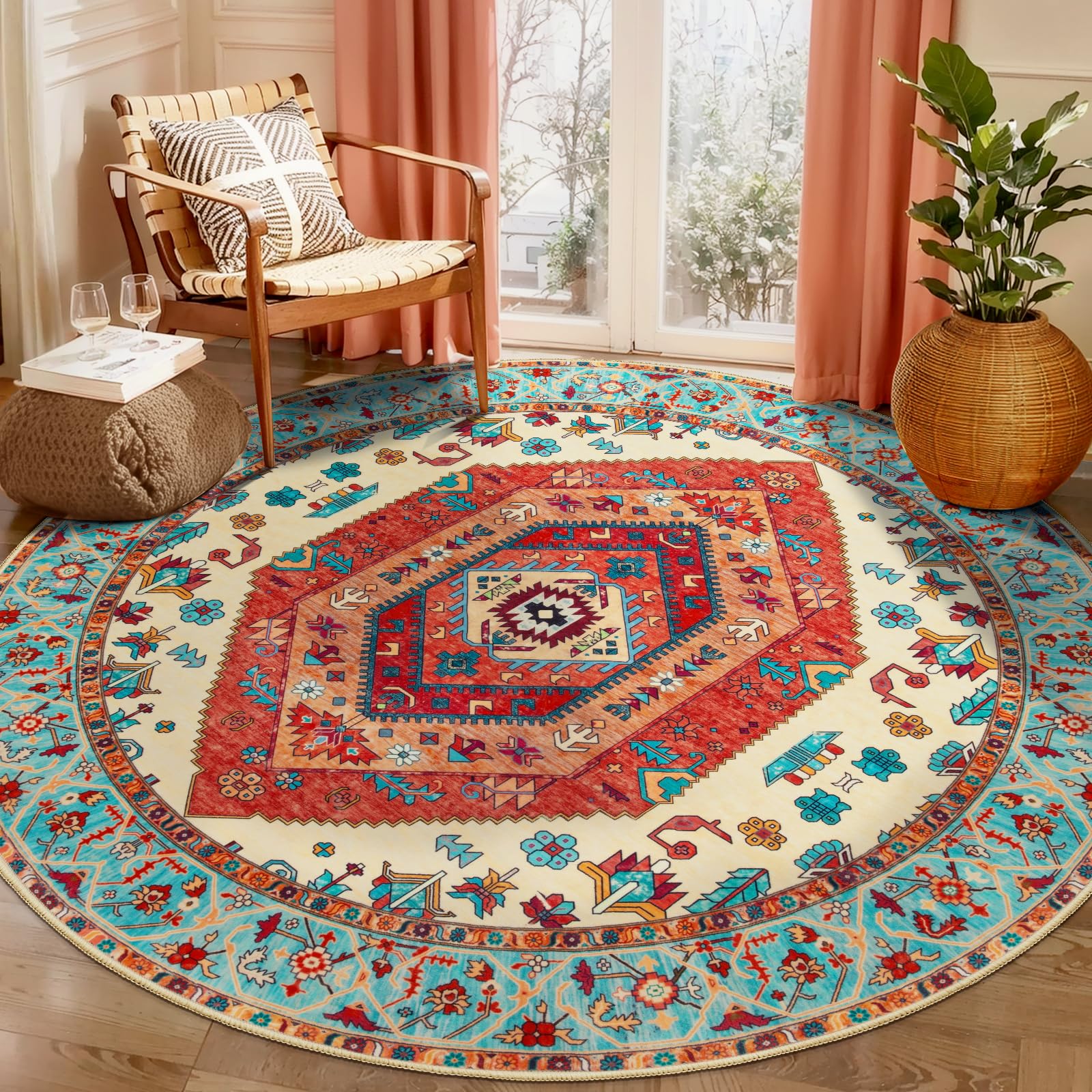 SERISSA Boho Round Area Rug, 5ft Washable Non-Slip Circle Rug, Ultra Soft Oriental Vintage Orange Low-Pile Circular Carpet for Bedroom Entryway Kids Room Office College Dorm Living Room Image