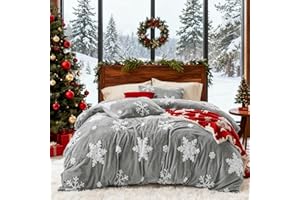 Bedsure Fluffy Duvet Cover Set - Ultra Soft Plush Shaggy Comforter Cover King Size, Warm Flannel Fleece Bed Sets for Winter, 3 Pieces, Snowflake Pattern, Grey
