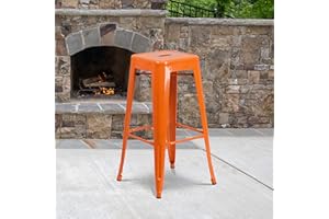EMMA + OLIVER Commercial Grade 30" H Backless Orange Metal Indoor-Outdoor Barstool, Square