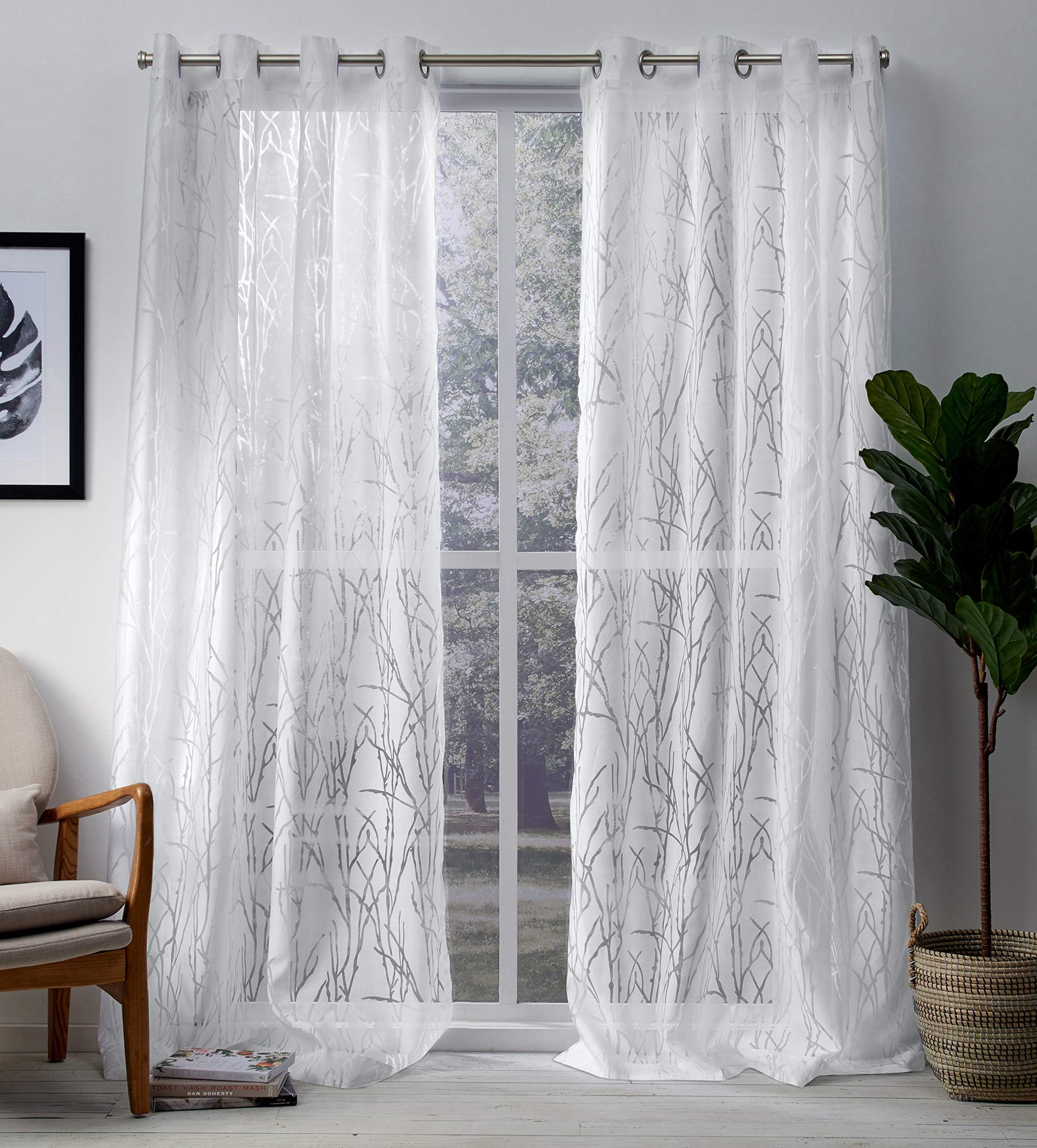 Exclusive Home CurtainsEdinburgh Sheer Branch Burnout Grommet Top Curtain Panel Pair, 52"x108", Winter White