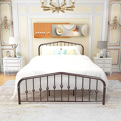Buy Metal Bed Queen Size Platform Frame Mattress Foundation With Vintage Headboard And Footboard Easy Assembly No Box Spring Needed Brown Online In Germany B08j7xy75f