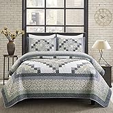 NIUDÉCOR HOME Patchwork Quilt King Size 100% Cotton Reversible Comforter Set for Bed Vintage Blue Plaid Bedspread (106 x 96 inch) Soft Coverlet Bedding Sets 3 Pieces