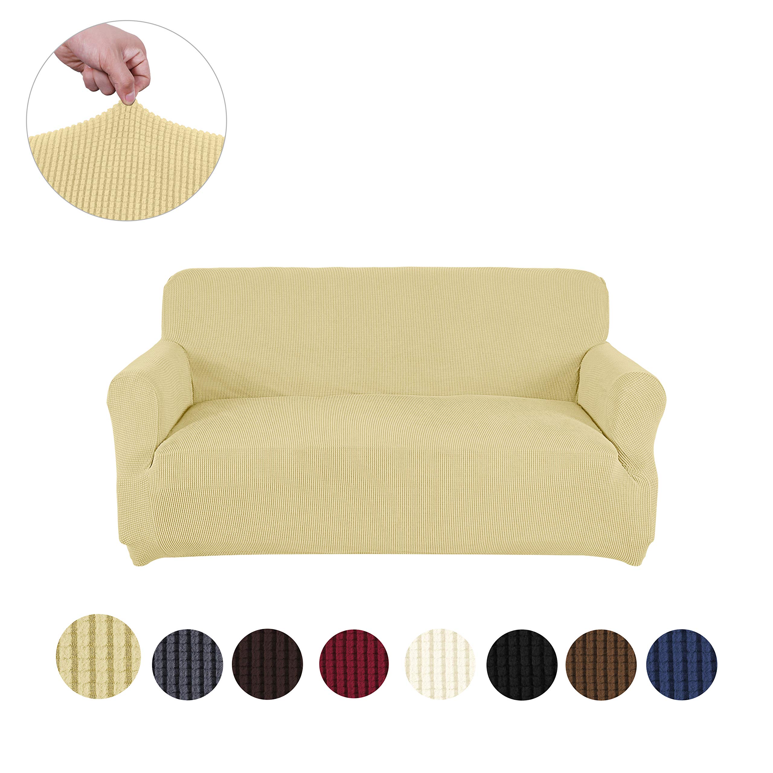 sancua Stretch Spandex Loveseat Slipcover Non Slip Sofa Cover 2 Seat Sofa Slipcover with Elastic Bottom for Living Room Furniture Protector Couch Cover for Dogs, Cats and Pets (Loveseat, Beige)