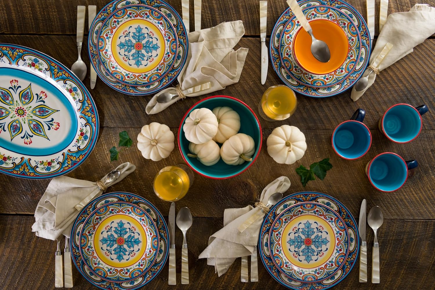 Euro Ceramica Zanzibar Collection 16 Piece Dinnerware Set Kitchen and Dining, Service for 4, Spanish Floral Design, Multicolor, Blue and Yellow: Dinnerware Sets: Kitchen & Dining