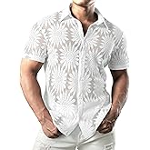 JOGAL Mens Floral Lace Shirt See Through Casual Button Down Shirts