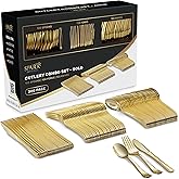 SparkSettings Heavy Duty Plastic Silverware Set, 300 Disposable Gold Utensils - 100 Forks, 100 Spoons & 100 Knives - Perfect for Parties, Weddings & Birthdays