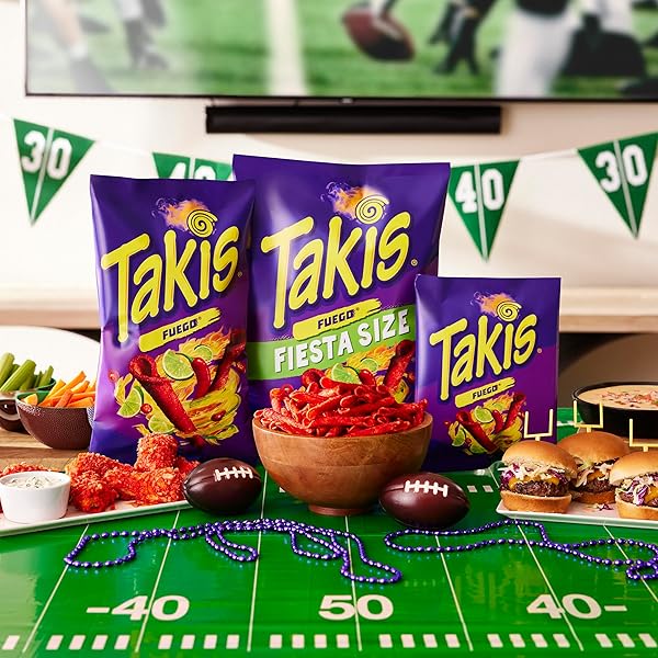 TAKIS FUEGO 17 OZ FIESTA SIZE BAG, HOT CHILI PEPPER & LIME FLAVORED EXTREME SPICY ROLLED TORTILLA CHIPS