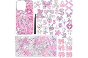 Junk Case Charms,Pink Kawaii Bow Phone Cases Kit,Silver Butterfly Charm for Junk Socks,Bling Flat Back Big Charms,3D Heart St