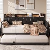 LIKIMIO Twin Daybed with Trundle, Twin Bed Frames, Black/Brown | Day Bed with Pop Up Trundle Bed, Smooth Wheels, Charging Station, Storage Shelf &amp; Bag, Upholstered Headboard, Strong Supports