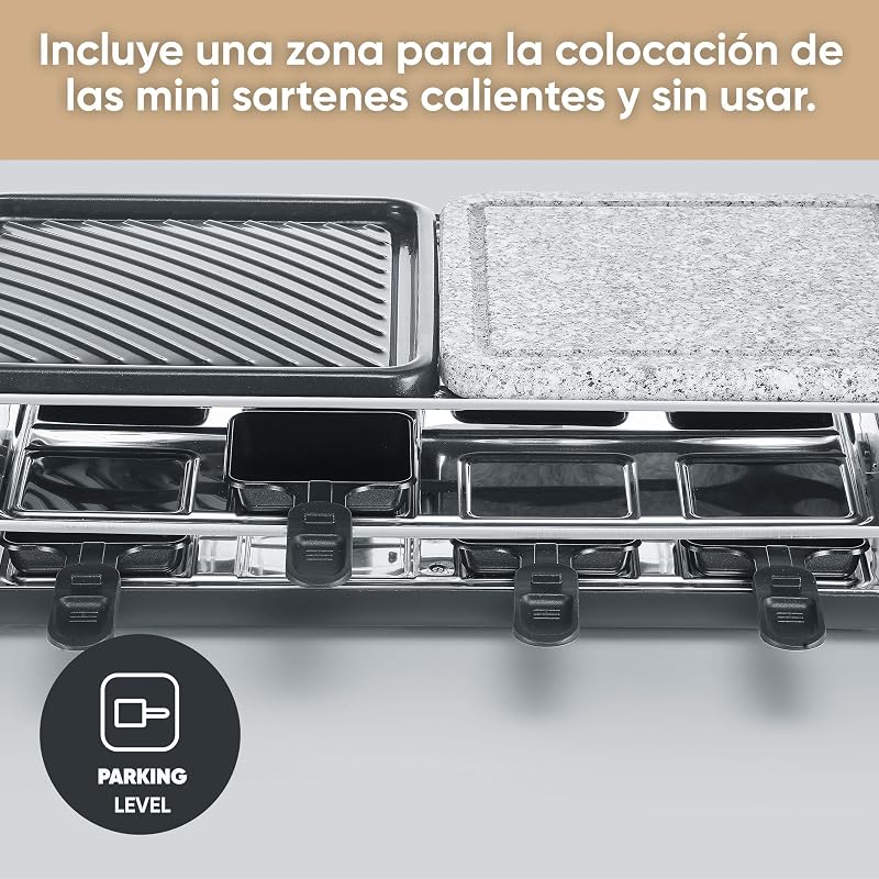 - Grelhador raclette com pedra natural e grelha com 8 tabuleiros com revestimento antiaderente 1300 W Preto RG 2366