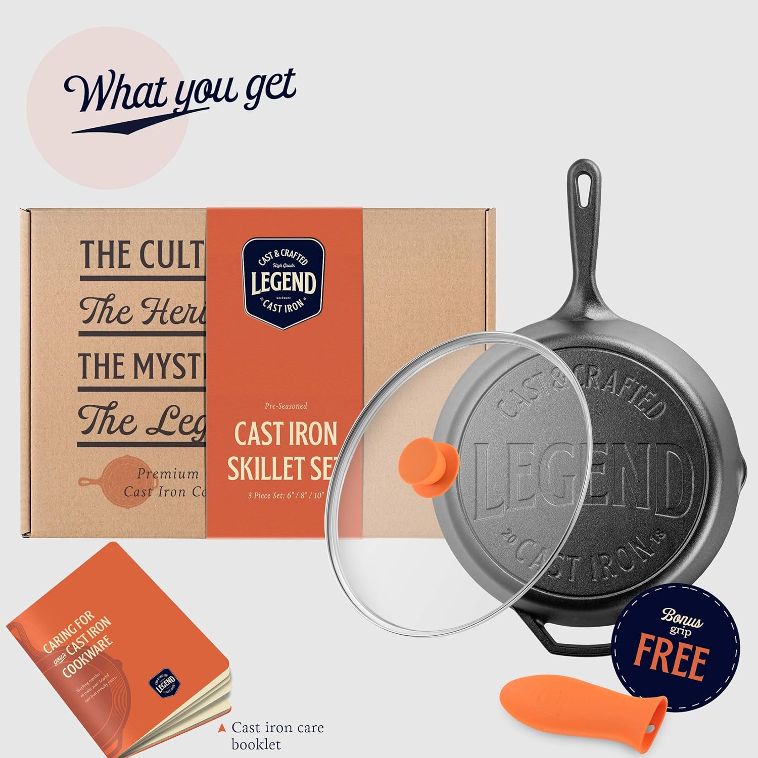 Legend Cast Iron Skillet with Lid | Large 12” Frying Pan with Glass Lid & Silicone Handle for Oven, Induction, Cooking, Pizza, Sauteing, Grilling | Lightly Pre-Seasoned Cookware Gets Better with Use: Kitchen & Dining