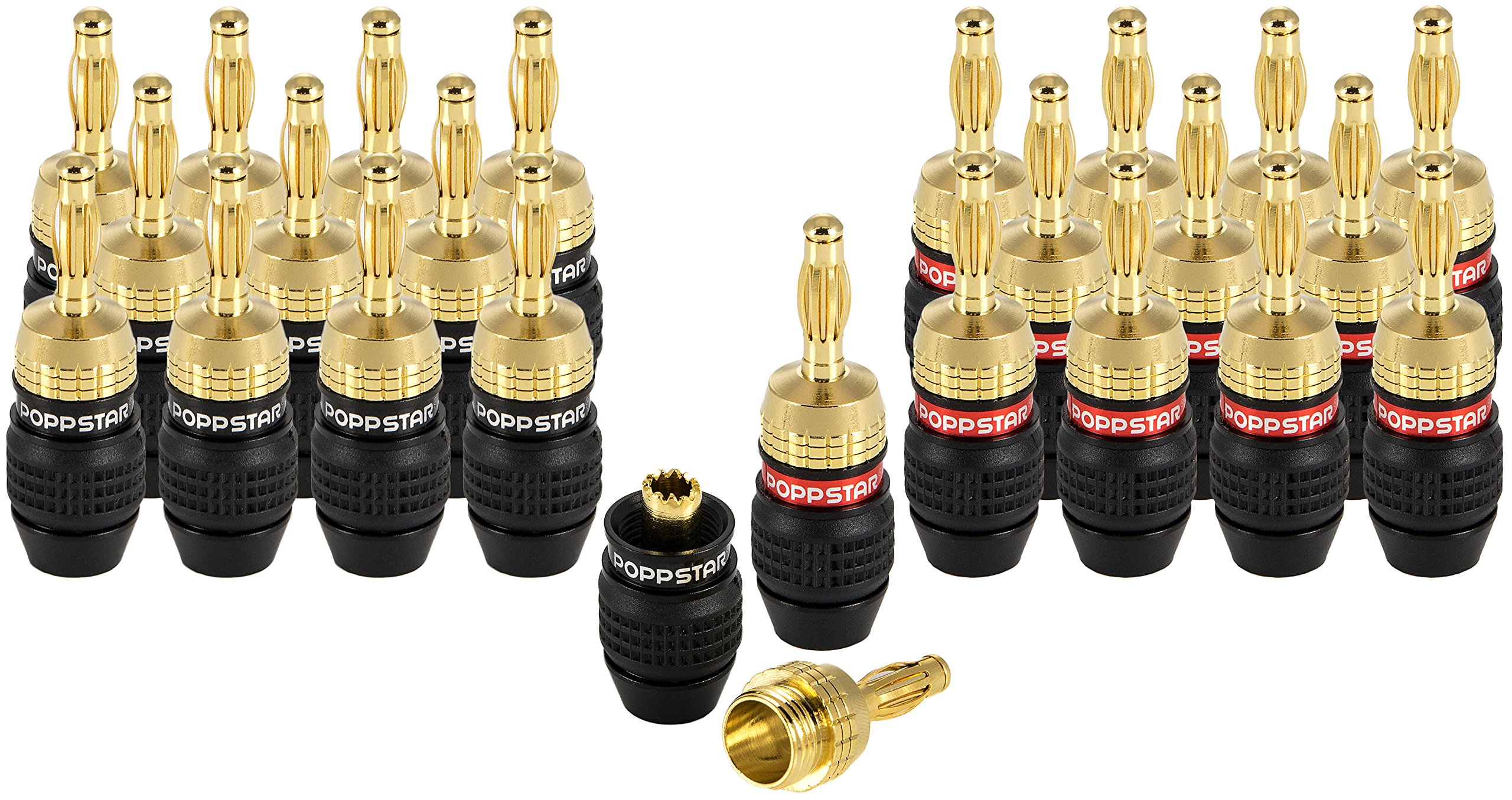 POPPSTAR 24x high end banana plug (shielded), bananas for speaker cable (up to 6 mm²), speaker, AV receiver, 24k gold-plated (12x black, 12x red)