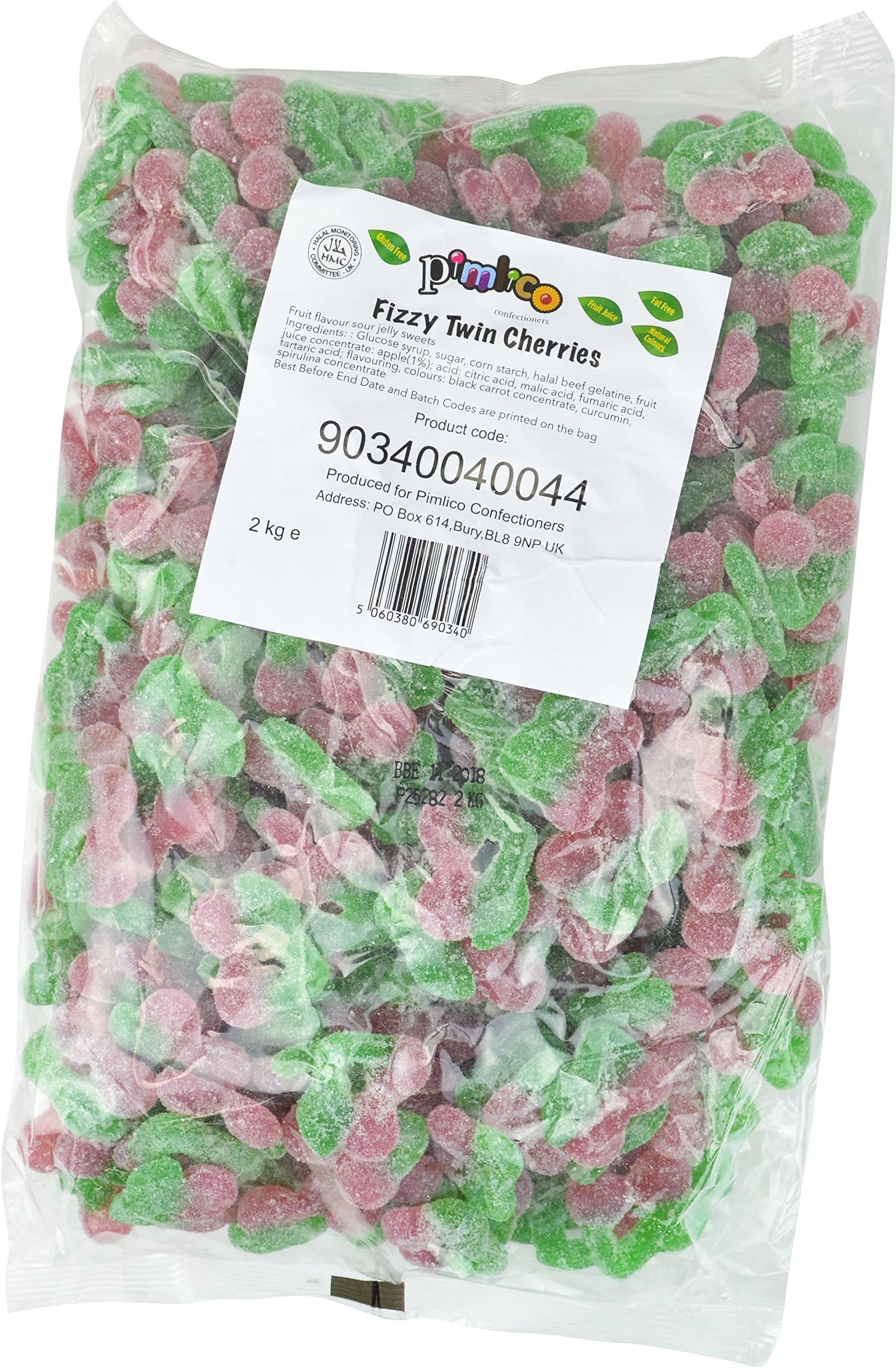 Pimlico Confectioners Fizzy Twin Cherries Jelly Sweets - natural colours - fruit juice added - HMC UK Halal - 2kg bulk bag