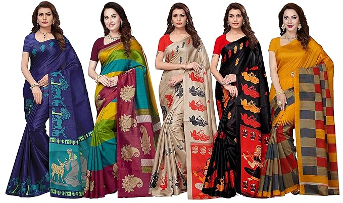 Combo Of 5 Poly Silk Multicolor Printed Womens Saree