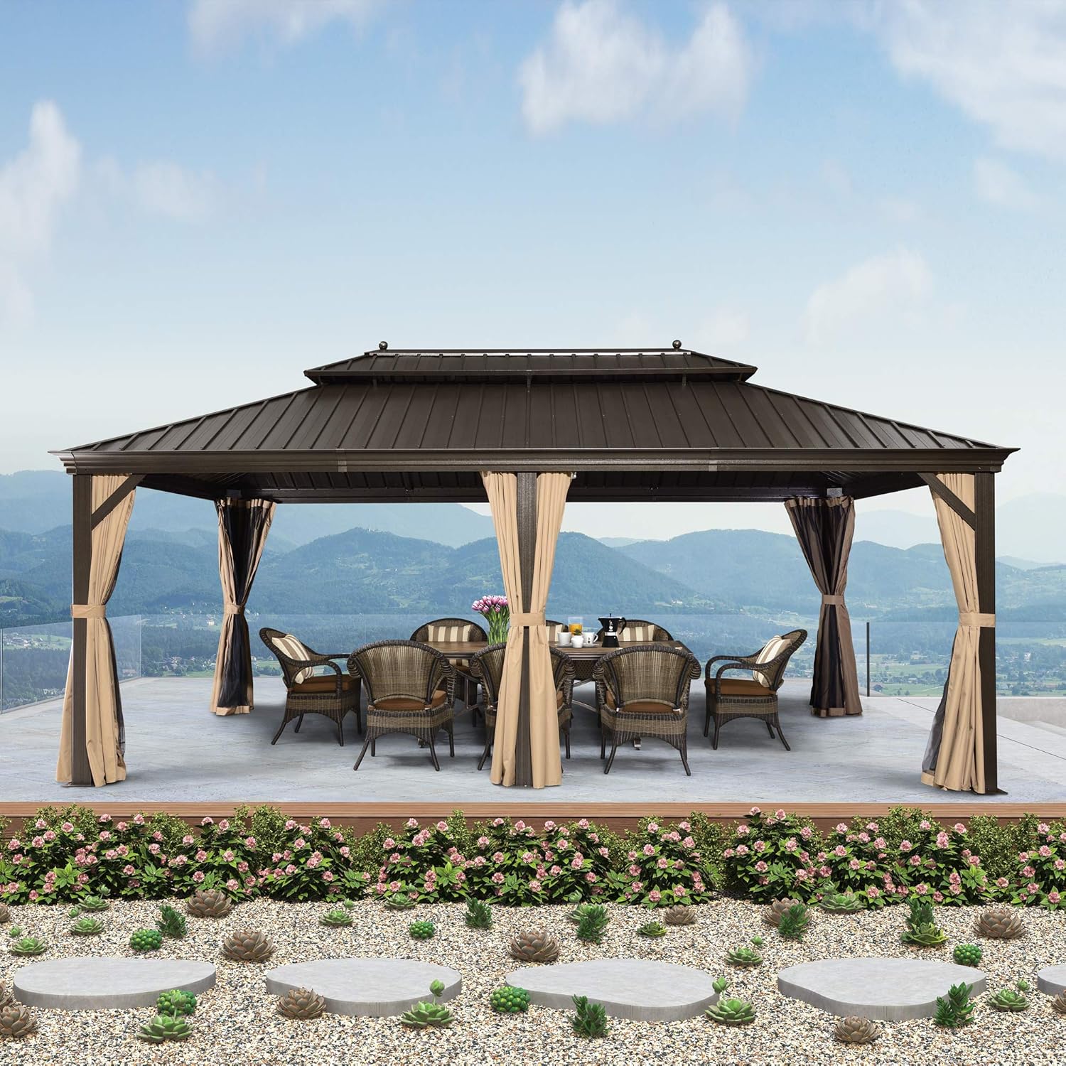 Amazon Com Purple Leaf 12 X 20 Outdoor Galvanized Steel Hardtop Double Roof Permanent Gazebo Canopy Aluminum Frame Patio Garden Gazebo With Curtains And Netting Garden Outdoor