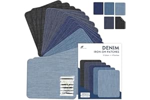 FOVKO Iron on Jean Patches for Clothes, 20PCS Denim Patches for Jeans, Denim Iron-on Repair Patch for Inside Thigh(with a Sewing kit)