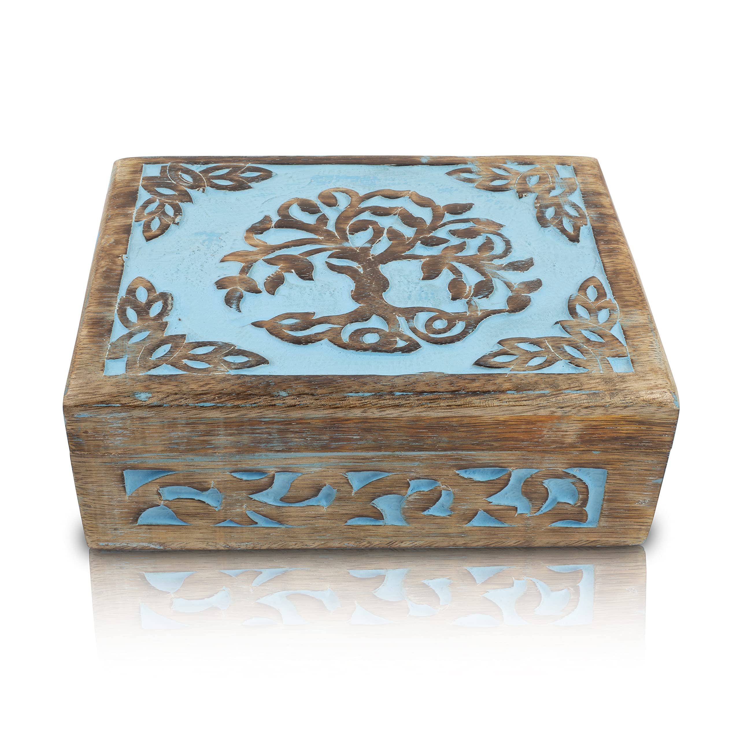 Great Birthday Gift Handmade Decorative Wooden Jewelry Keepsake Box Tree Of Life Carving Jewelry Organizer Treasure Chest Trinket Holder Watch Storage Lock Box Housewarming Gift (Blue) โ image 1