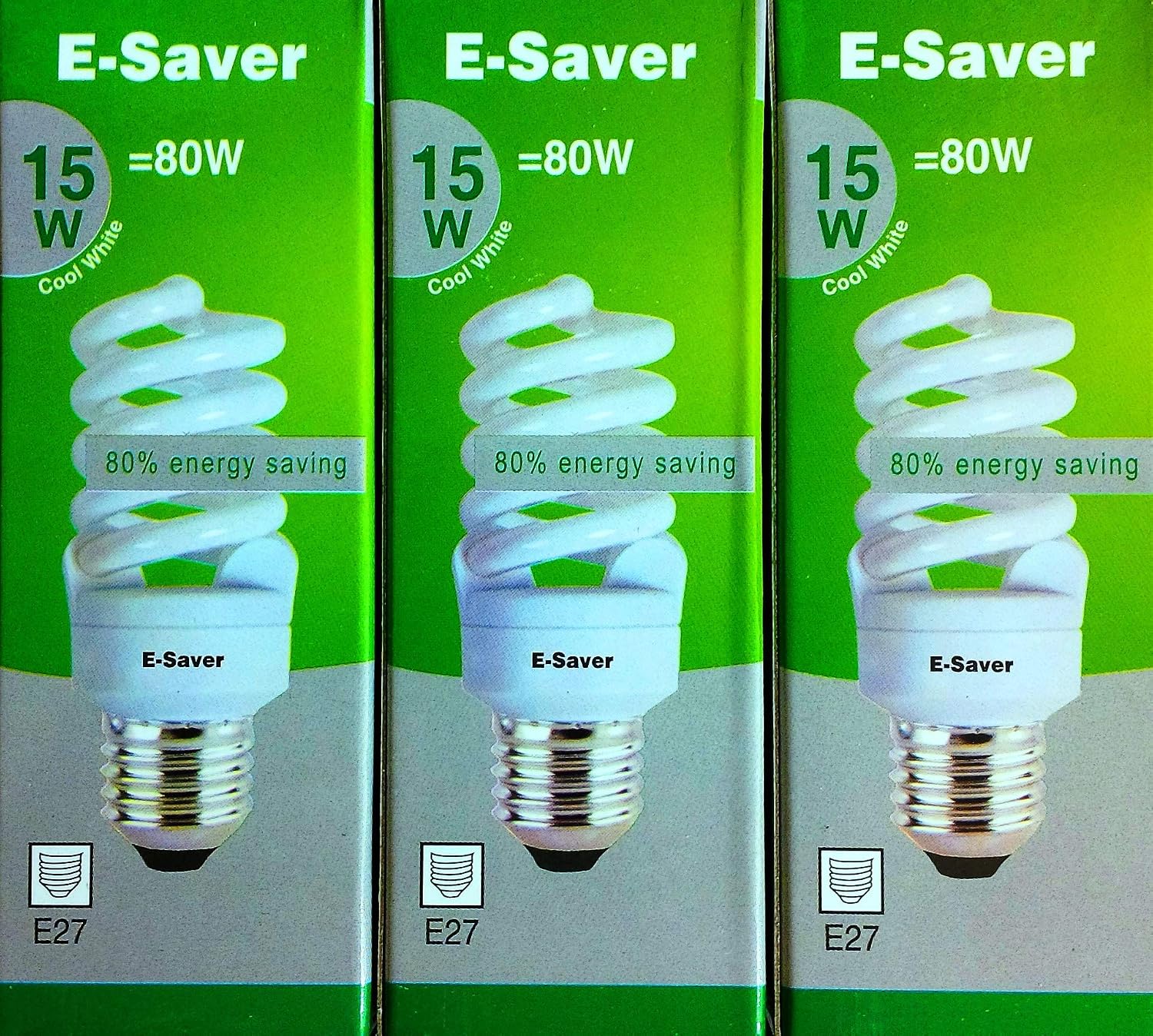E-Saver - CFL Full Spiral - Energy Saving Light Bulbs -15w = 80 Watt - (Pack of 3) - 4200k Cool White Light Bulbs - Screw in Cap - Screw Edison (ES - E27 Bulb)