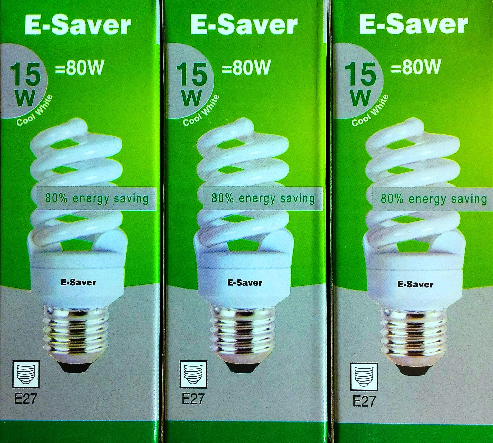 E-Saver - CFL Full Spiral - Energy Saving Light Bulbs -15w = 80 Watt - (Pack of 3) - 4200k Cool White Light Bulbs - Screw in Cap - Screw Edison (ES - E27 Bulb)