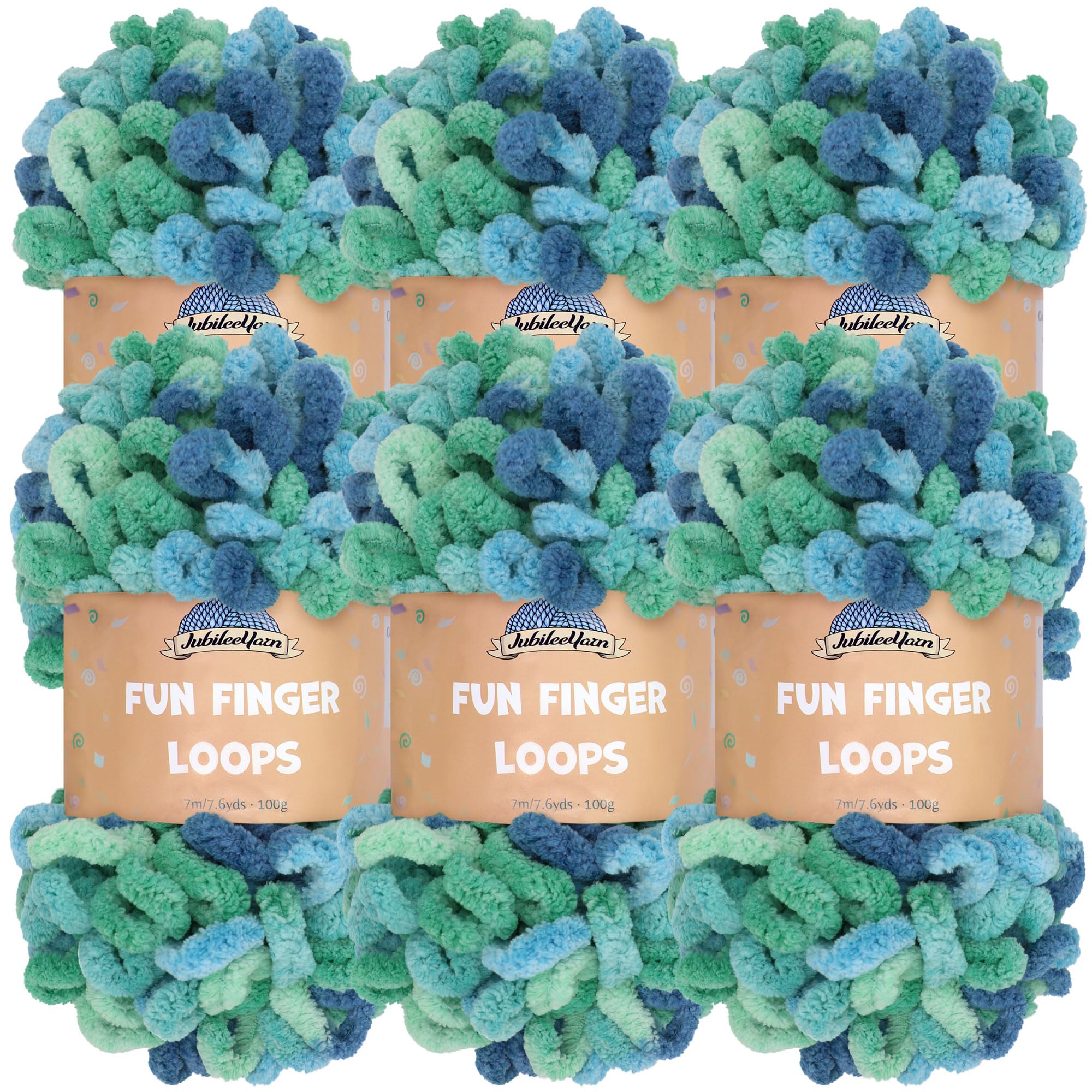 JubileeYarn Fun Finger Loops Yarn - Polyester Jumbo Weight Loop Yarn - 100g/Skein - Oceanus - 6 Skeins