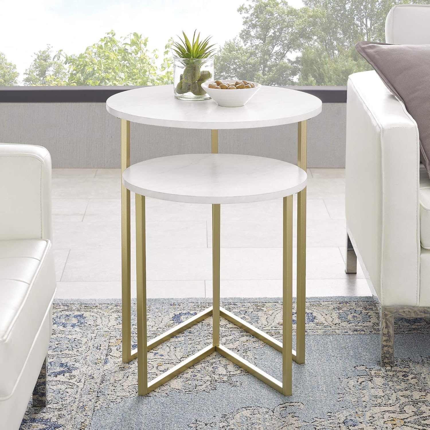Walker Edison Furniture Company Modern Round Metal Base Nesting Set Side Accent Living Room Storage Small End Table, Set of 2, White Marble/Gold: Furniture & Decor