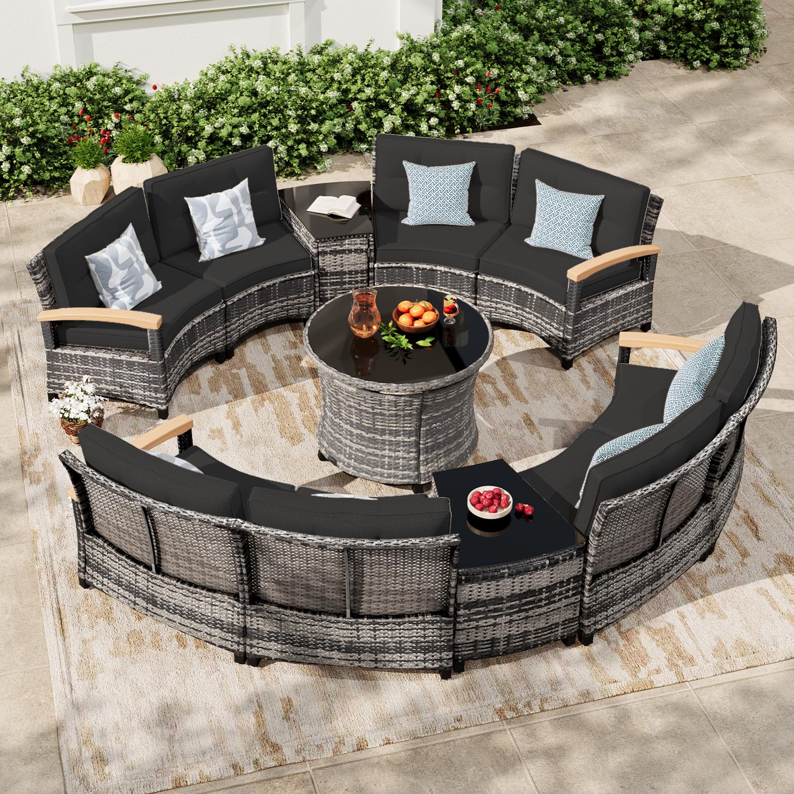 MEISSALIVVE 11-Piece Half-Moon Curved Outdoor Patio Furniture Set, Sectional Conversation Sofa with Wood Armrests, Round Coffee Table for Backyard Deck Garden, Beige