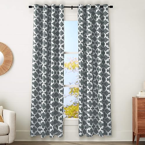 Amazon Basics Room-Darkening Blackout Curtain Set with Grommets - 52" x 84", Dark Grey Lattice