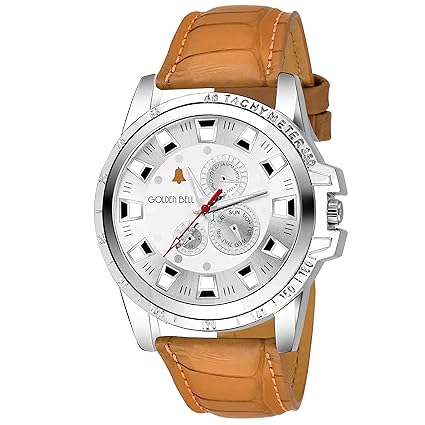 Golden Bell Original Silver Dial Tan Brown Strap Analog Wrist Watch for Men - GB-1095